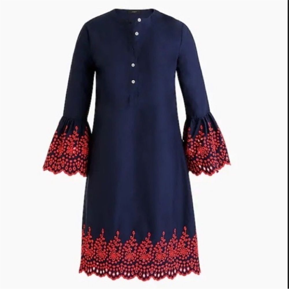 J. Crew eyelet bell sleeve dress, navy. Size XXS. NWOT.